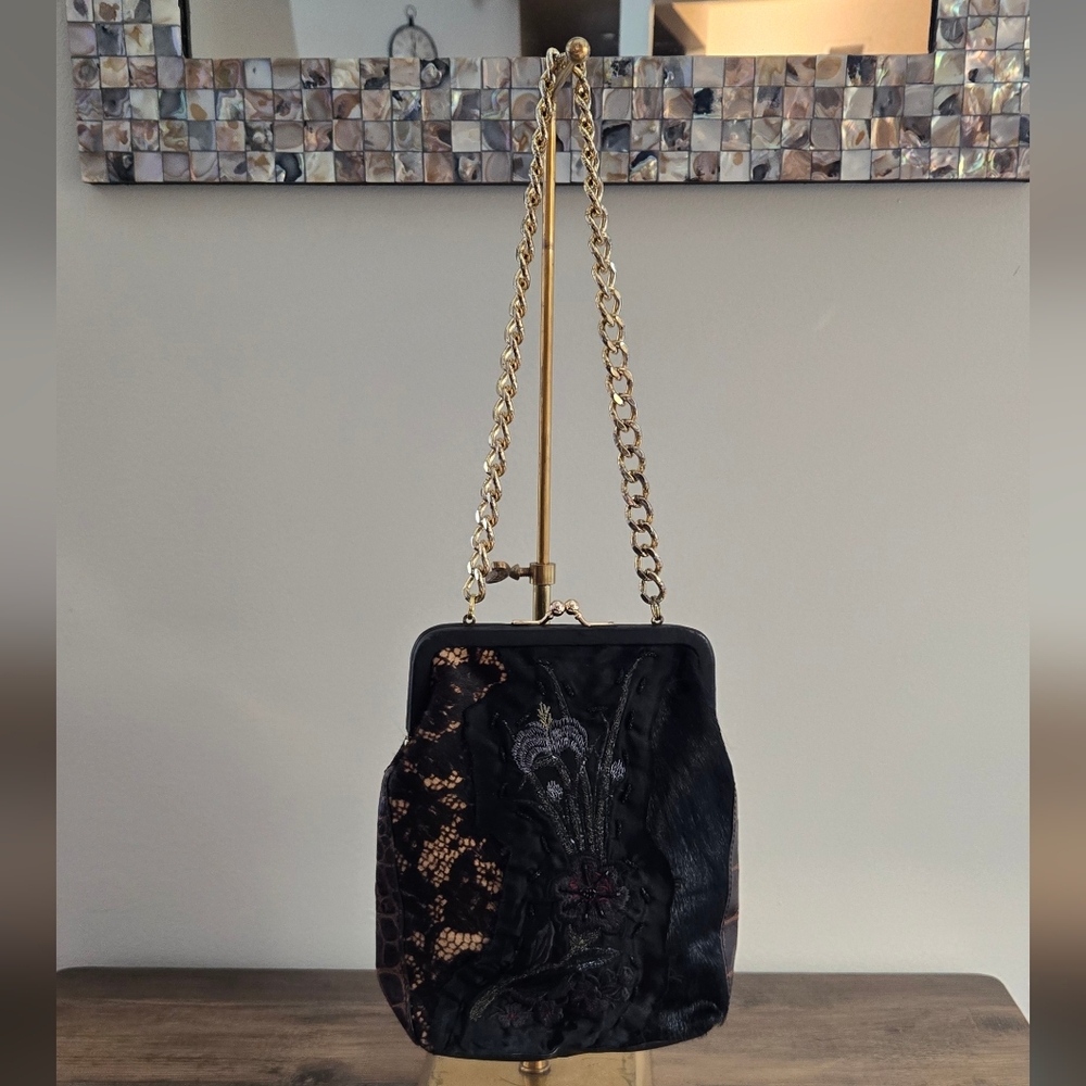 Beverly Feldman Black Leather Fancy Embossed Bag